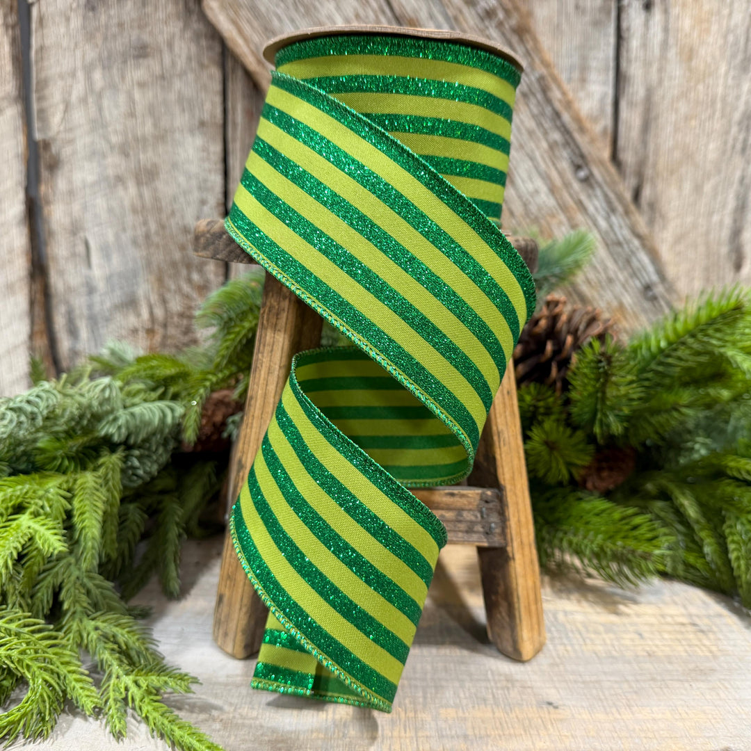 2.5" Lime Green Striped Ribbon, Christmas Ribbon