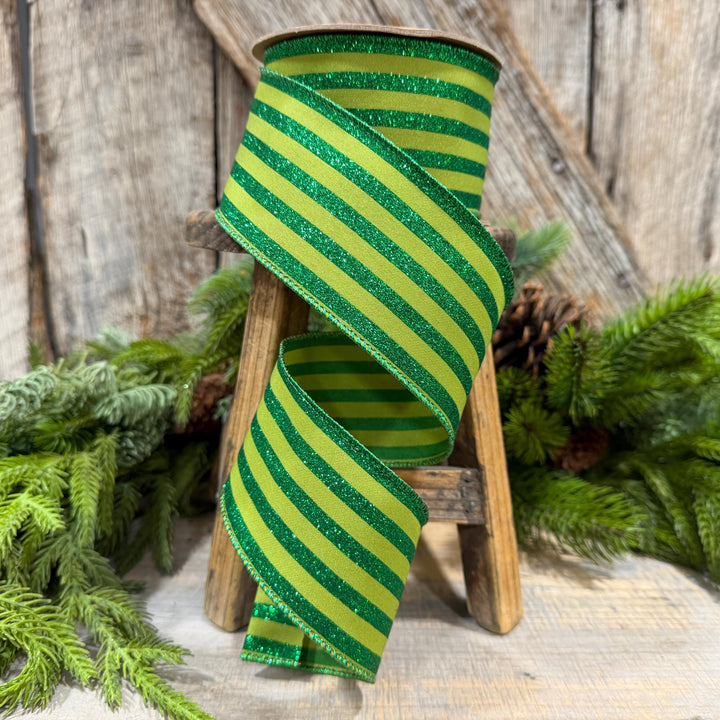 2.5" Lime Green Striped Ribbon, Christmas Ribbon