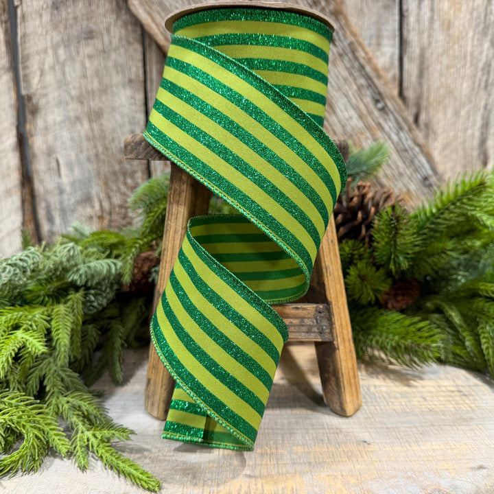 2.5" Lime Green Striped Ribbon, Christmas Ribbon