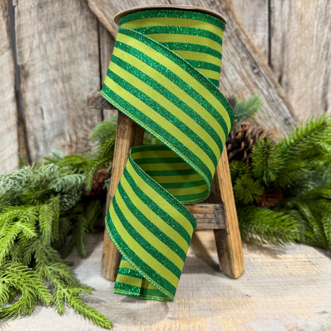 2.5" Lime Green Striped Ribbon, Christmas Ribbon