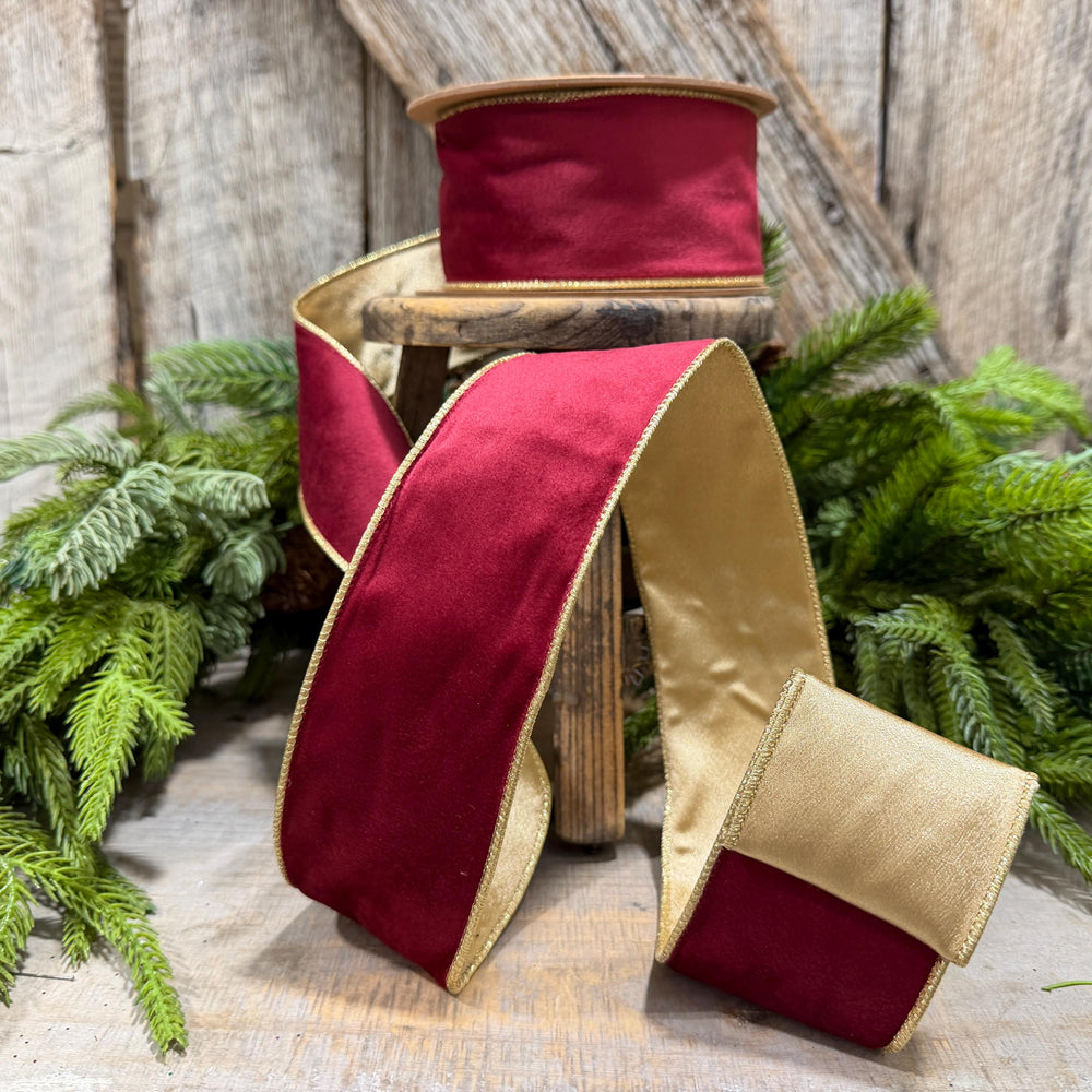 2.5" Burgundy Gold Velvet Ribbon, Burgundy Velvet Ribbon, Christmas RIbbon, Red and Gold Velvet Ribbon, Designer Ribbon, Gift Wrap Ribbon