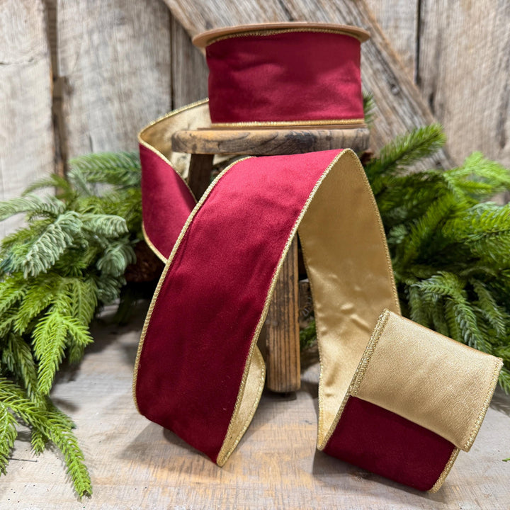 2.5" Burgundy Gold Velvet Ribbon, Burgundy Velvet Ribbon, Christmas RIbbon, Red and Gold Velvet Ribbon, Designer Ribbon, Gift Wrap Ribbon