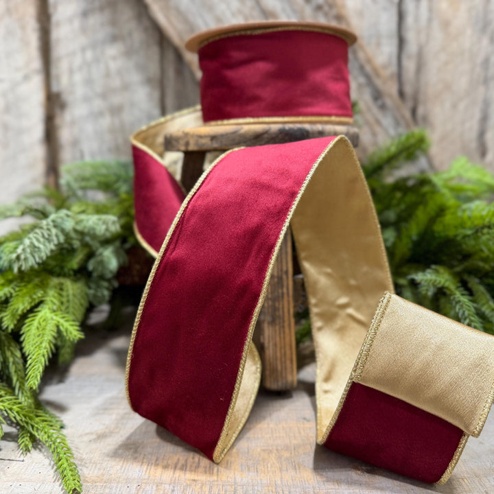 2.5" Burgundy Gold Velvet Ribbon, Burgundy Velvet Ribbon, Christmas RIbbon, Red and Gold Velvet Ribbon, Designer Ribbon, Gift Wrap Ribbon