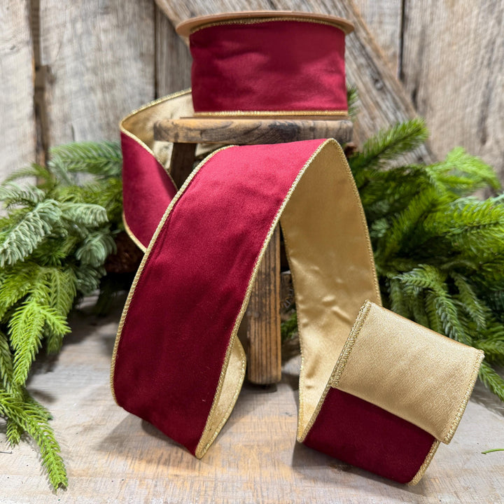 2.5" Burgundy Gold Velvet Ribbon, Burgundy Velvet Ribbon, Christmas RIbbon, Red and Gold Velvet Ribbon, Designer Ribbon, Gift Wrap Ribbon