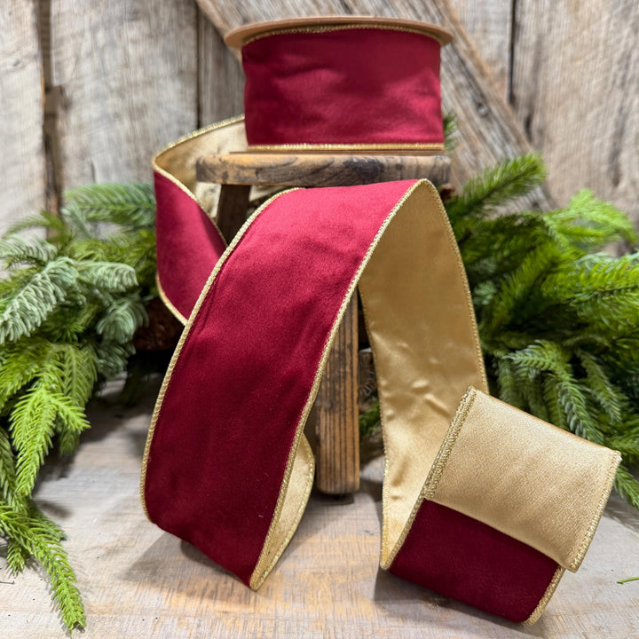2.5" Burgundy Gold Velvet Ribbon, Burgundy Velvet Ribbon, Christmas RIbbon, Red and Gold Velvet Ribbon, Designer Ribbon, Gift Wrap Ribbon