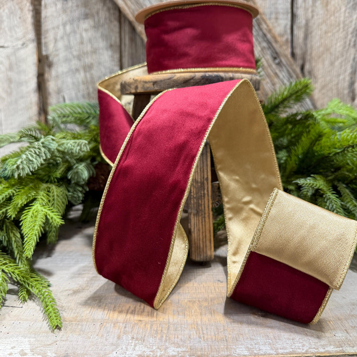 2.5" Burgundy Gold Velvet Ribbon, Burgundy Velvet Ribbon, Christmas RIbbon, Red and Gold Velvet Ribbon, Designer Ribbon, Gift Wrap Ribbon