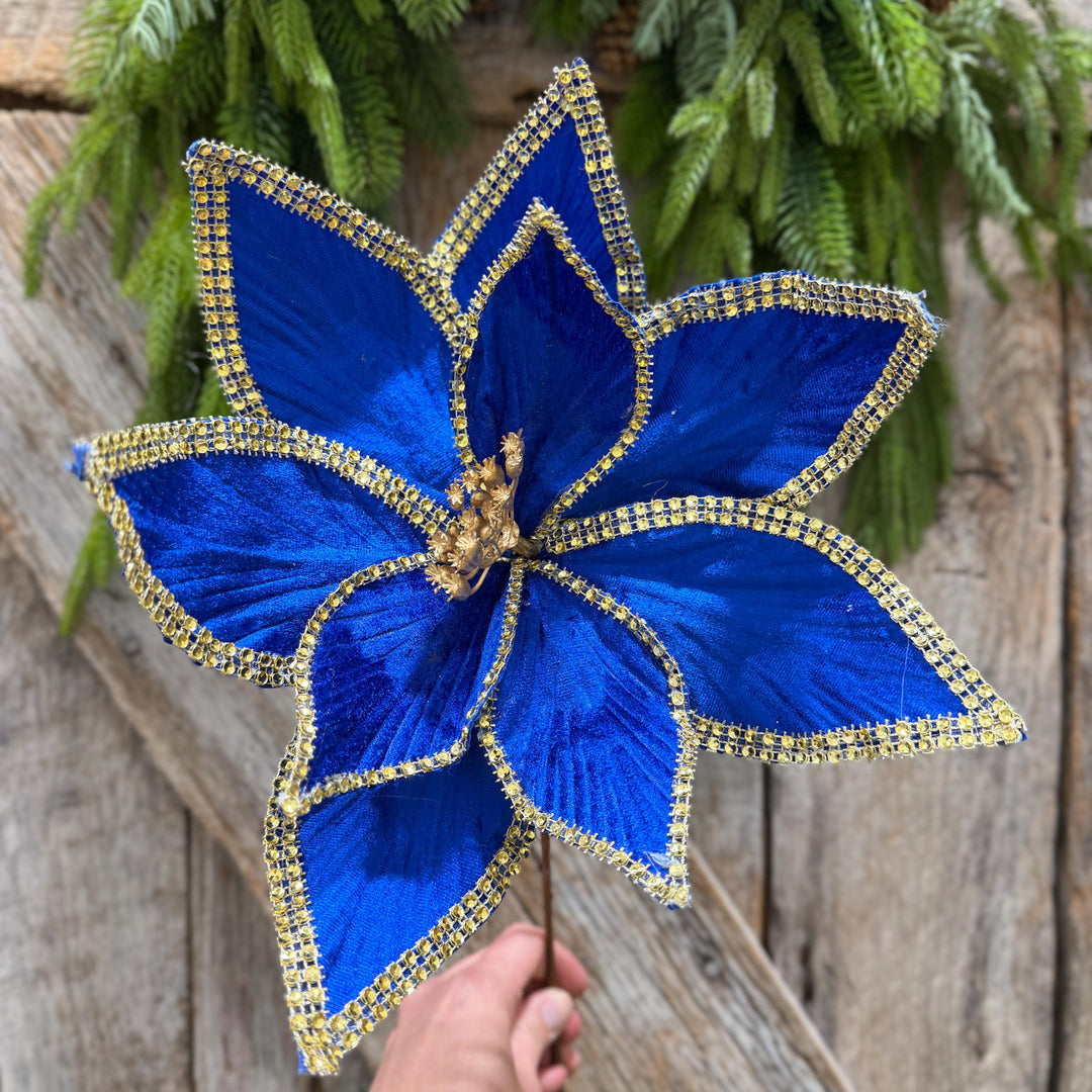 Royal Blue Velvet Poinsettia with Gold Trim - Christmas Tree Floral Decor