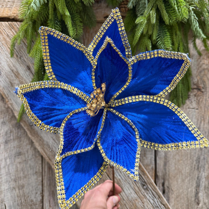 Royal Blue Velvet Poinsettia with Gold Trim - Christmas Tree Floral Decor