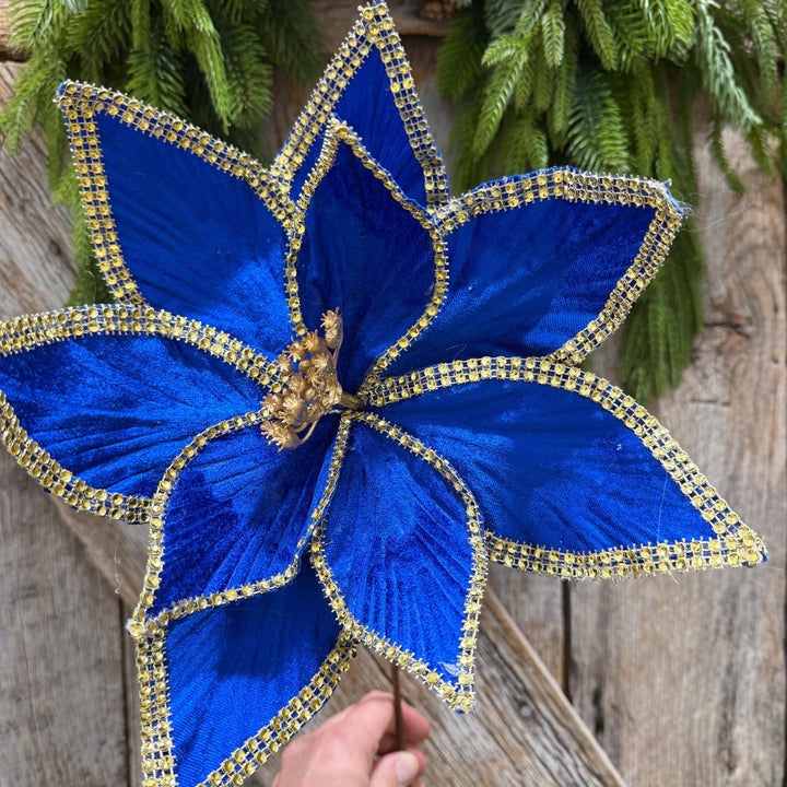 Royal Blue Velvet Poinsettia with Gold Trim - Christmas Tree Floral Decor