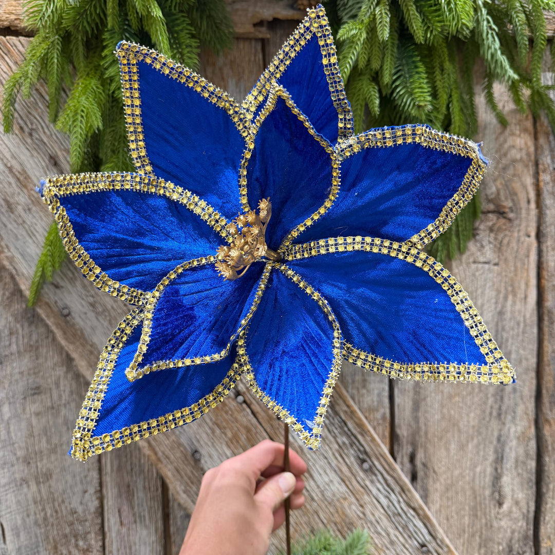 Royal Blue Velvet Poinsettia with Gold Trim - Christmas Tree Floral Decor
