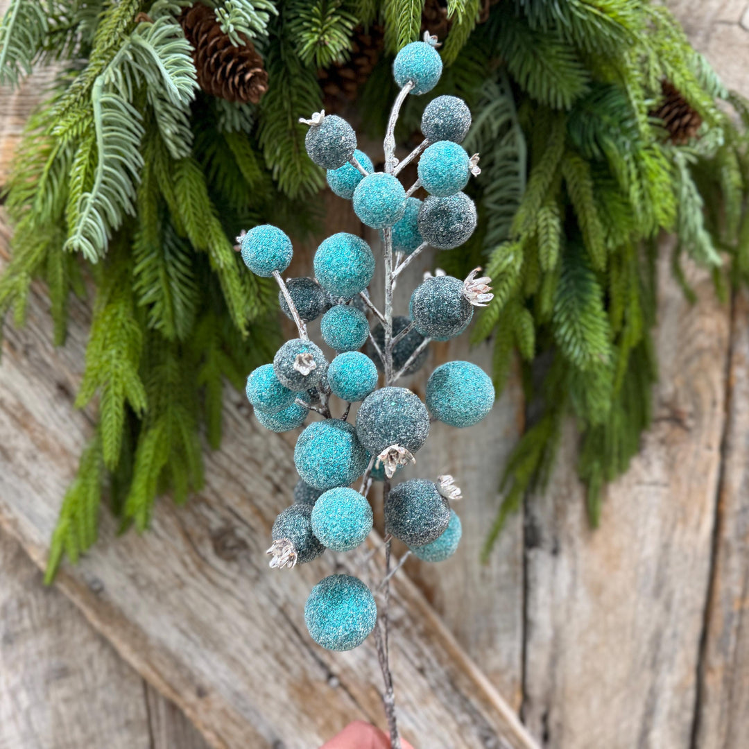 22" Blue Beaded Metallic Berry Spray, Frosted Blue Berry Pick, Christmas Floral Spray, Winter Tree &amp; Wreath Decor