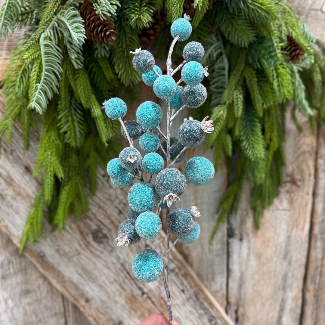 22" Blue Beaded Metallic Berry Spray, Frosted Blue Berry Pick