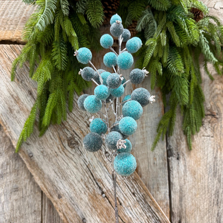 22" Blue Beaded Metallic Berry Spray, Frosted Blue Berry Pick, Christmas Floral Spray, Winter Tree &amp; Wreath Decor