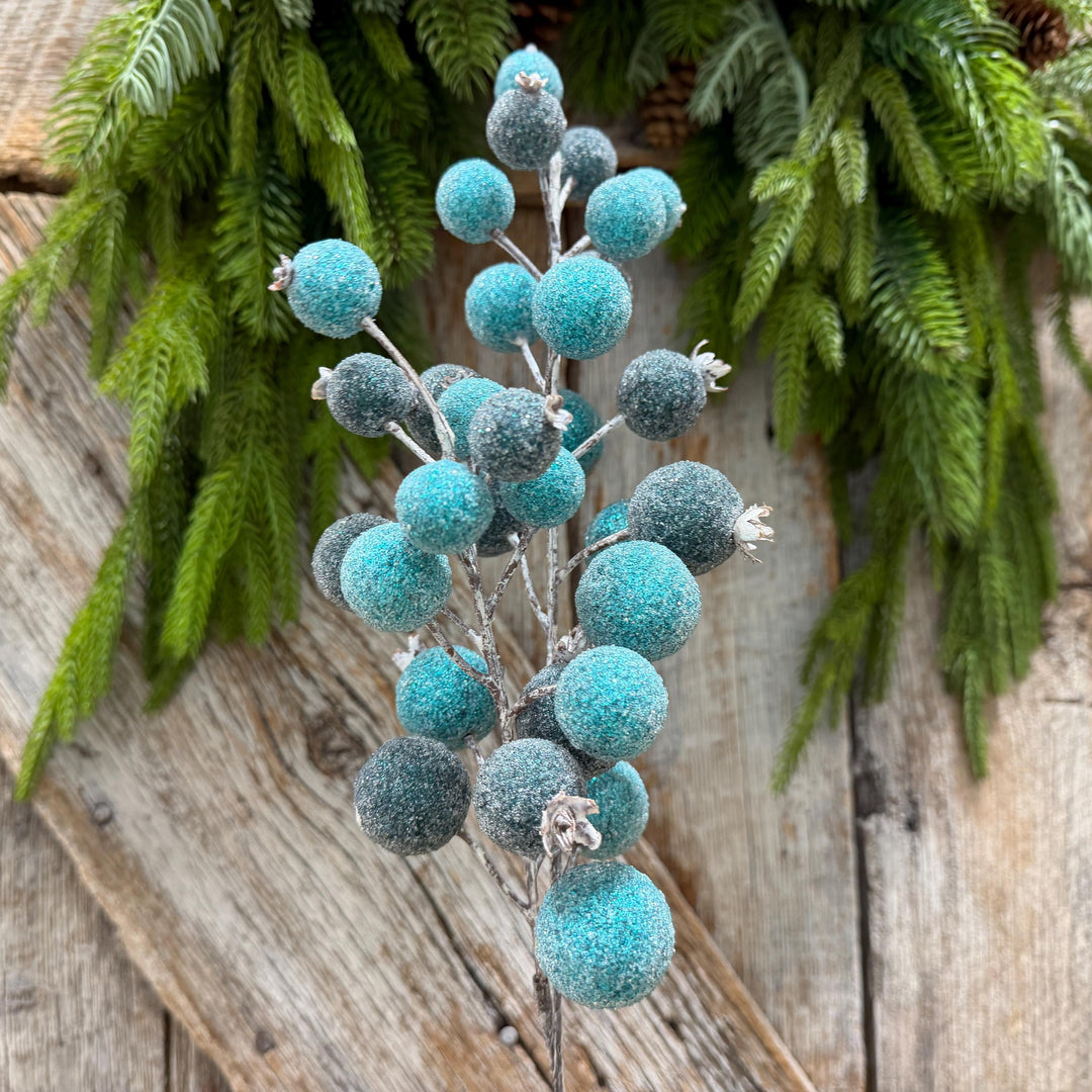 22" Blue Beaded Metallic Berry Spray, Frosted Blue Berry Pick, Christmas Floral Spray, Winter Tree &amp; Wreath Decor