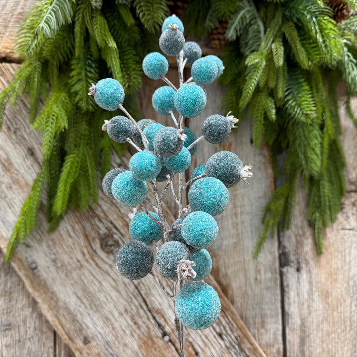 22" Blue Beaded Metallic Berry Spray, Frosted Blue Berry Pick, Christmas Floral Spray, Winter Tree &amp; Wreath Decor