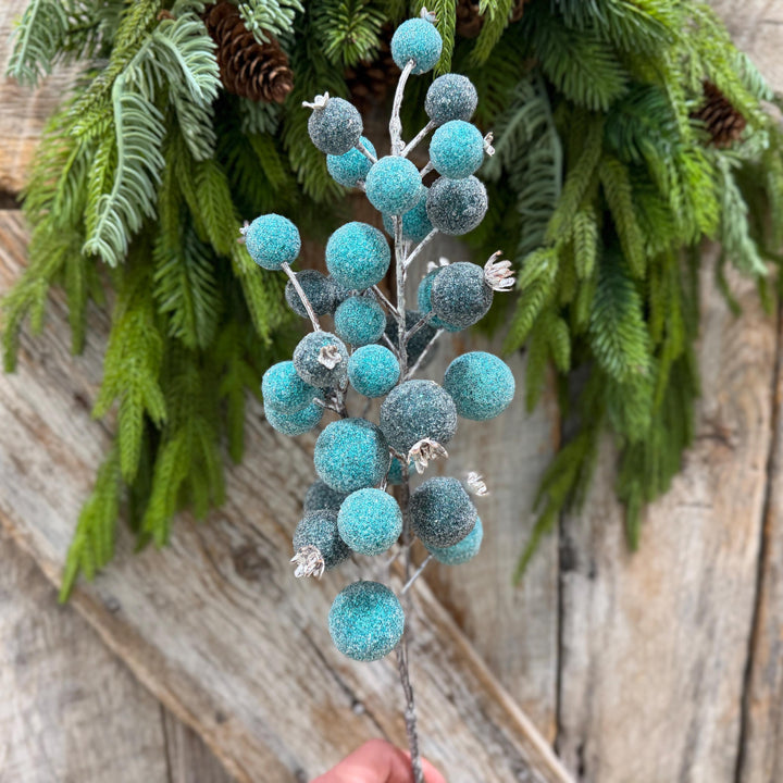 22" Blue Beaded Metallic Berry Spray, Frosted Blue Berry Pick, Christmas Floral Spray, Winter Tree &amp; Wreath Decor