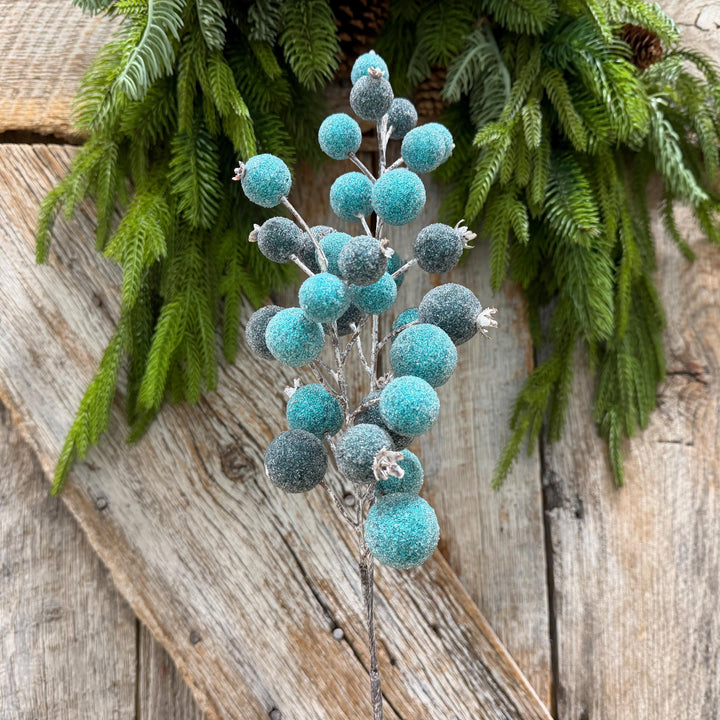 22" Blue Beaded Metallic Berry Spray, Frosted Blue Berry Pick, Christmas Floral Spray, Winter Tree &amp; Wreath Decor
