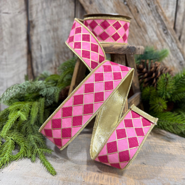 1.5" Pink Harlequin Ribbon, Wired Ribbon, Designer Ribbon, 2 Tone Pink Ribbon, Diamond Ribbon, 94562W-372-09D