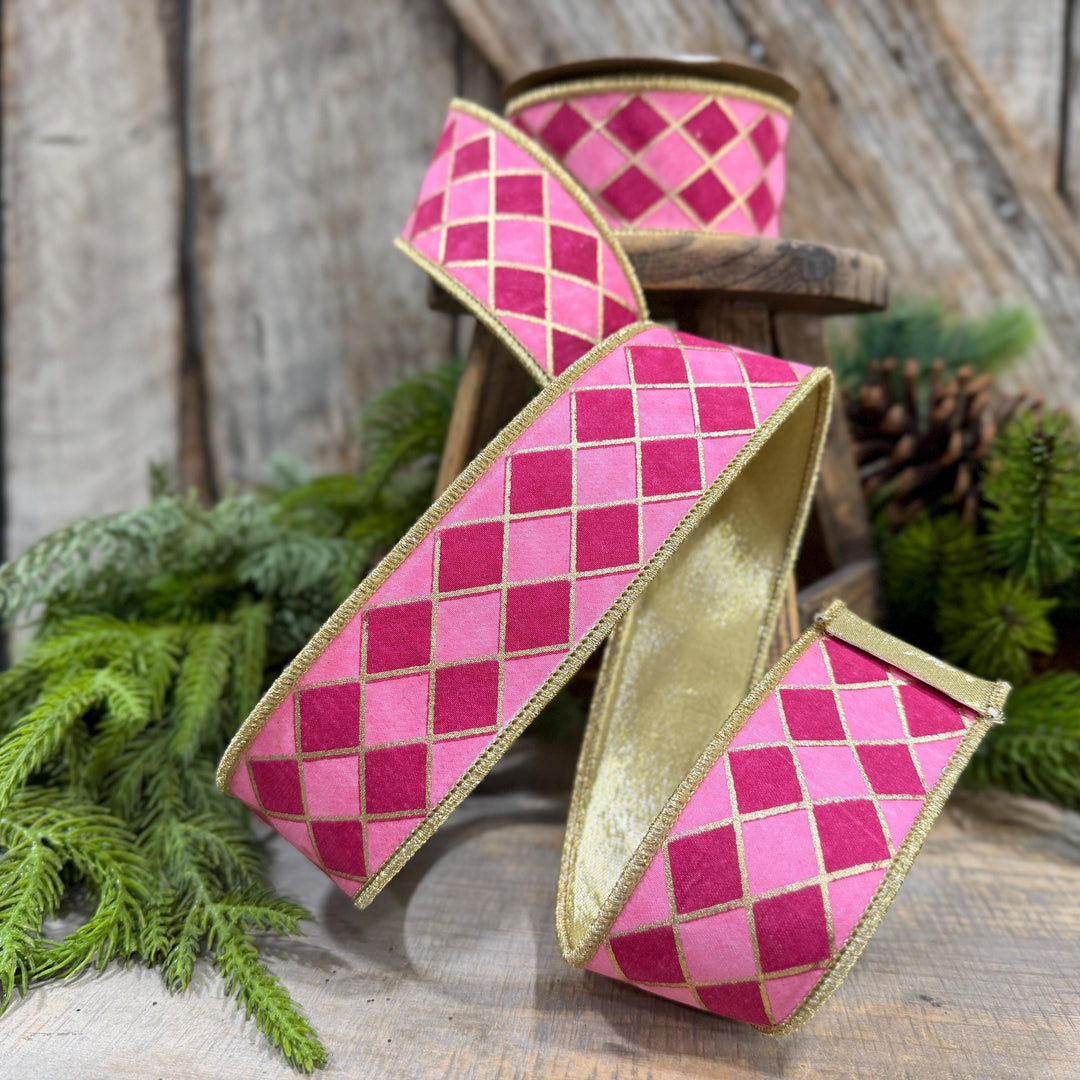1.5" Pink Harlequin Ribbon, Wired Ribbon, Designer Ribbon, 2 Tone Pink Ribbon, Diamond Ribbon, 94562W-372-09D