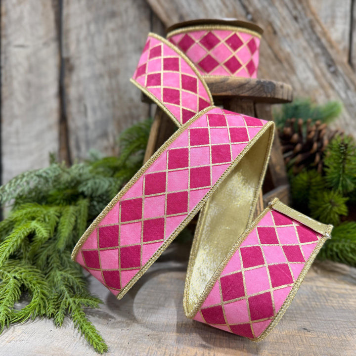 1.5" Pink Harlequin Ribbon, Wired Ribbon, Designer Ribbon, 2 Tone Pink Ribbon, Diamond Ribbon, 94562W-372-09D