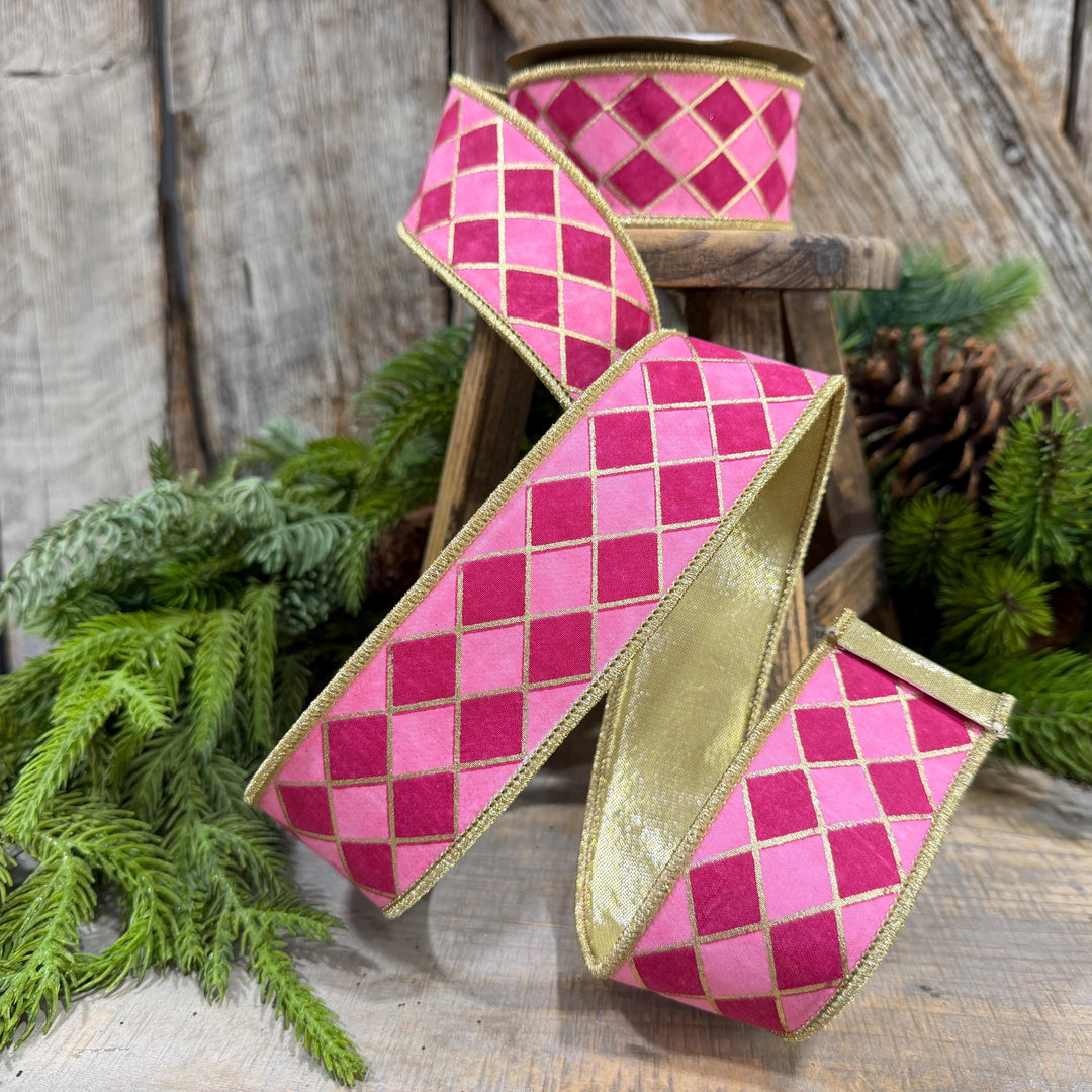 1.5" Pink Harlequin Ribbon, Wired Ribbon, Designer Ribbon, 2 Tone Pink Ribbon, Diamond Ribbon, 94562W-372-09D