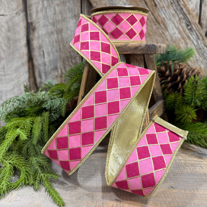 1.5" Pink Harlequin Ribbon, Wired Ribbon, Designer Ribbon, 2 Tone Pink Ribbon, Diamond Ribbon, 94562W-372-09D