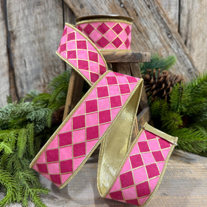 1.5" Pink Harlequin Ribbon, Wired Ribbon, Designer Ribbon, 2 Tone Pink Ribbon, Diamond Ribbon, 94562W-372-09D