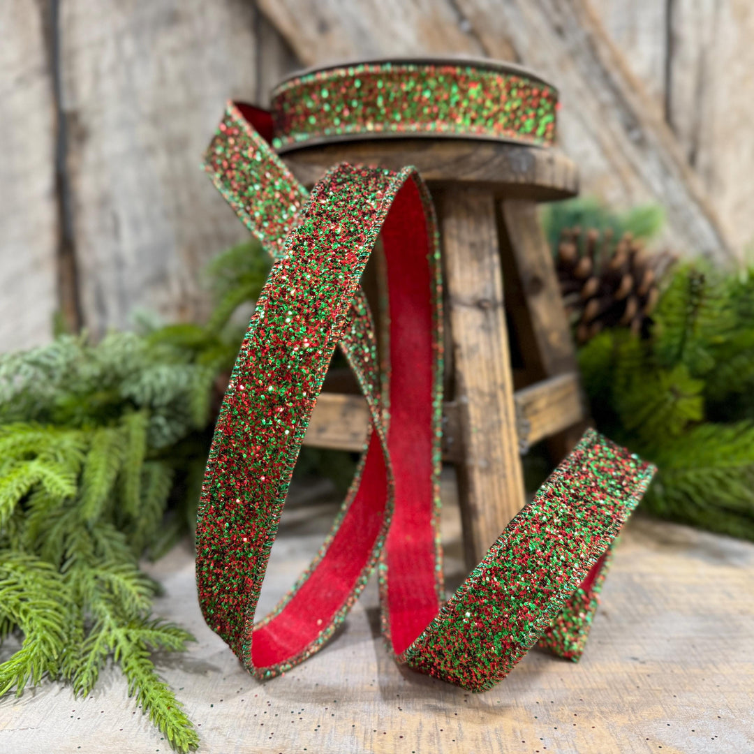 1" Red Green Glitter Magic Ribbon, Farrisilk Ribbon, RS376-48