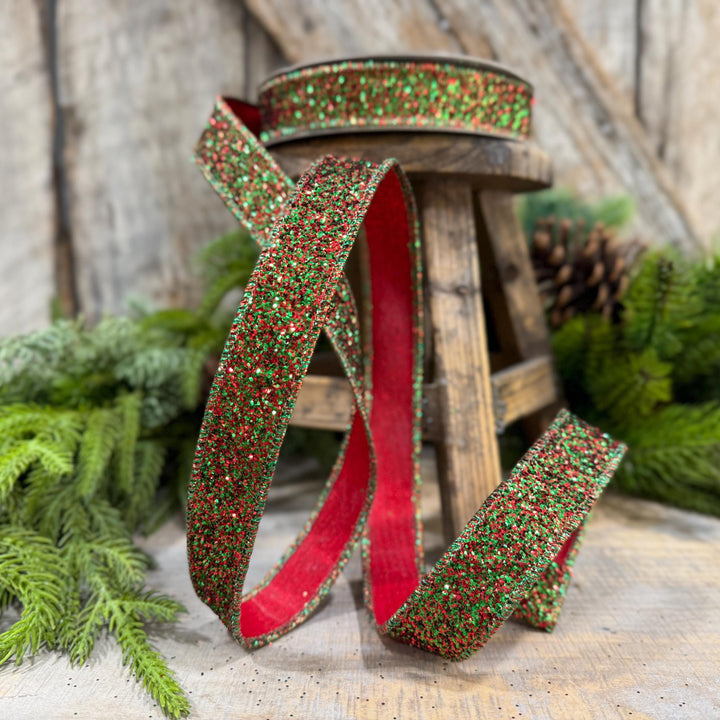 1" Red Green Glitter Magic Ribbon, Farrisilk Ribbon, RS376-48
