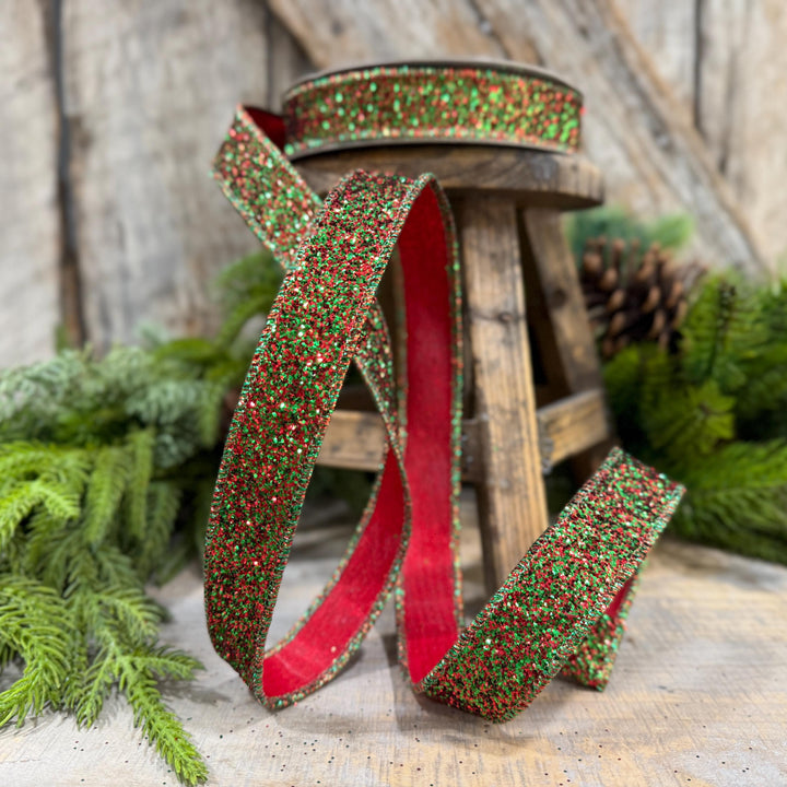 1" Red Green Glitter Magic Ribbon, Farrisilk Ribbon