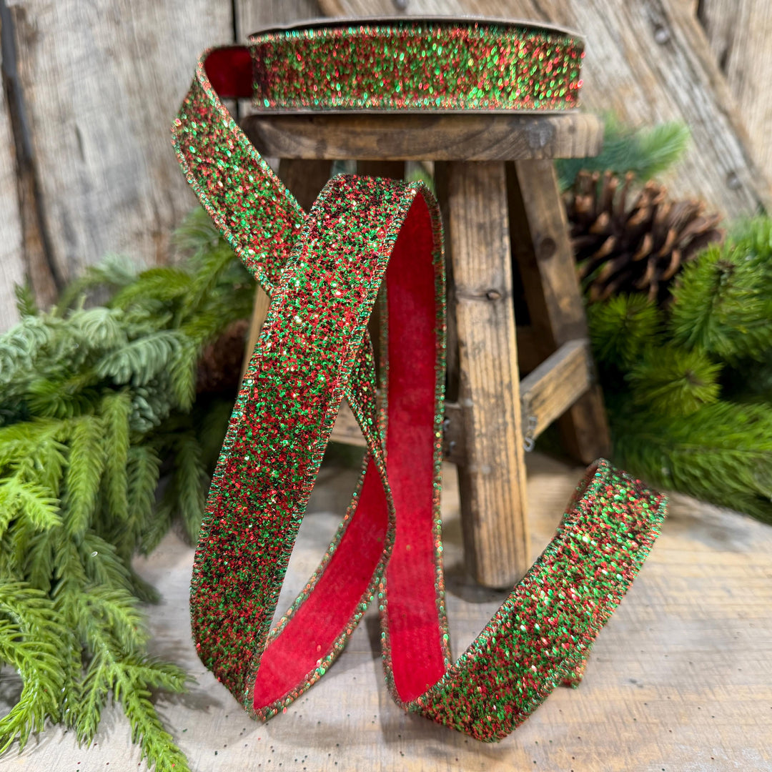 1" Red Green Glitter Magic Ribbon, Farrisilk Ribbon, RS376-48