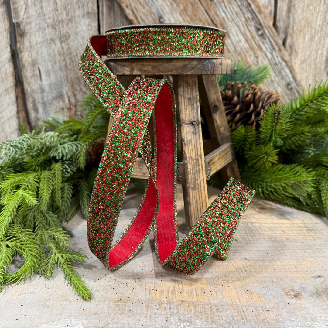 1" Red Green Glitter Magic Ribbon, Farrisilk Ribbon, RS376-48