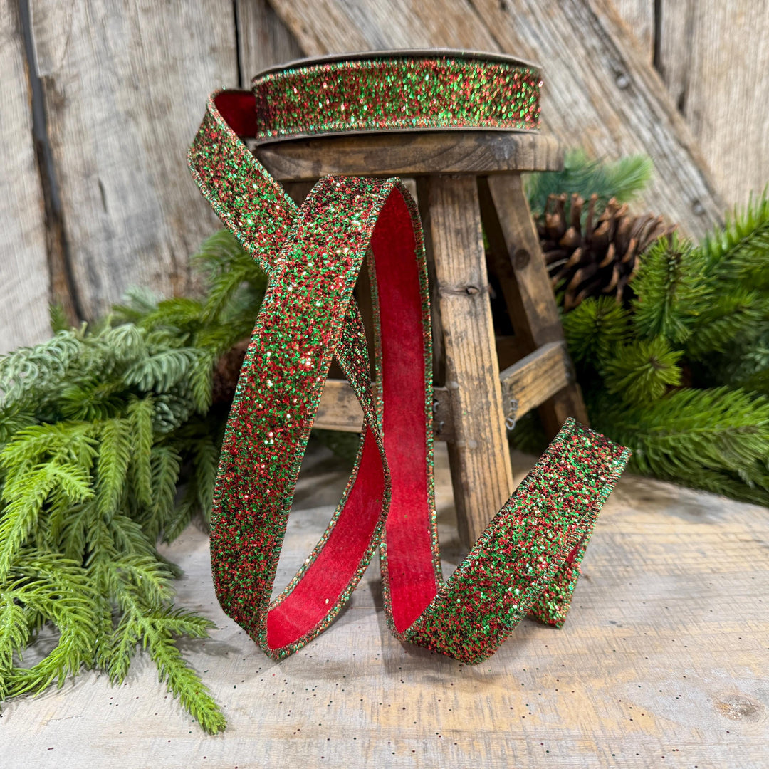 1" Red Green Glitter Magic Ribbon, Farrisilk Ribbon, RS376-48