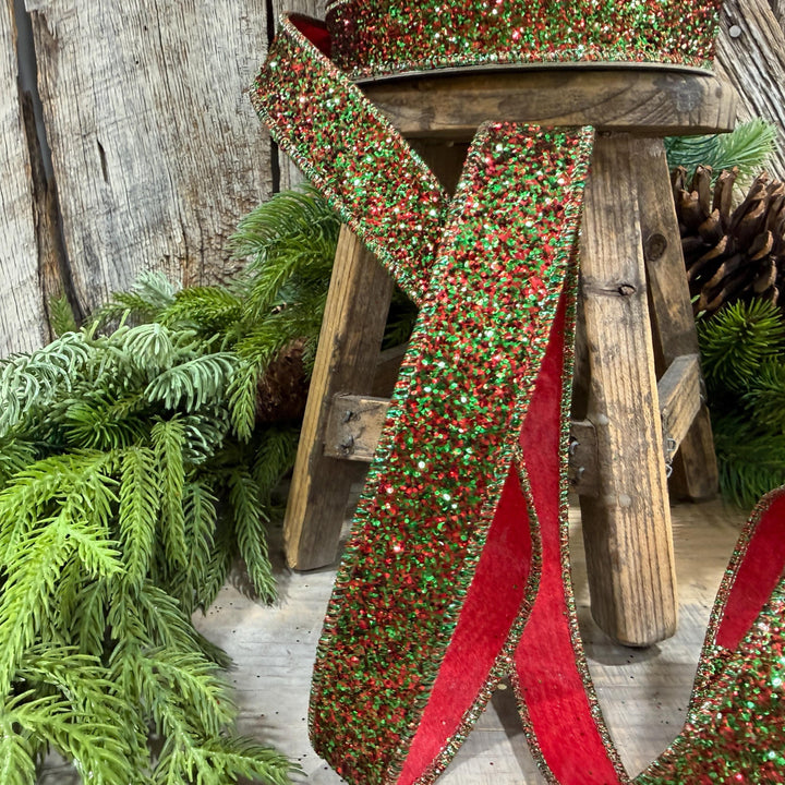 1" Red Green Glitter Magic Ribbon, Farrisilk Ribbon, RS376-48