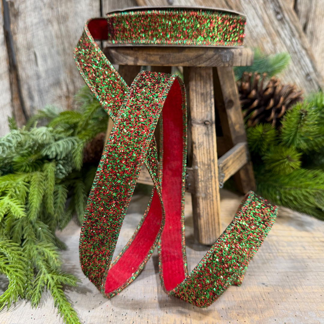 1" Red Green Glitter Magic Ribbon, Farrisilk Ribbon, RS376-48