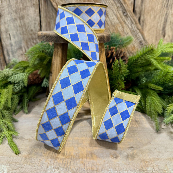 1.5" French Blue Harlequin Ribbon, Wired Ribbon, Designer Ribbon, 2 Tone Blue Ribbon, Diamond Ribbon, 94562W-350-09D