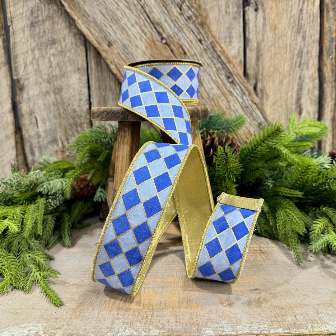 1.5" French Blue Harlequin Ribbon, Wired Ribbon, Designer Ribbon, 2 Tone Blue Ribbon, Diamond Ribbon, 94562W-350-09D