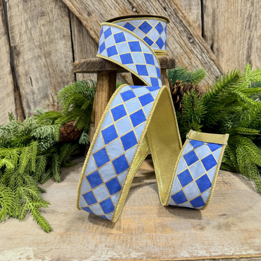1.5" French Blue Harlequin Ribbon, Wired Ribbon, Designer Ribbon, 2 Tone Blue Ribbon, Diamond Ribbon, 94562W-350-09D