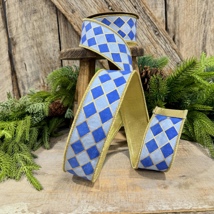 1.5" French Blue Harlequin Ribbon, Wired Ribbon, Designer Ribbon, 2 Tone Blue Ribbon, Diamond Ribbon, 94562W-350-09D