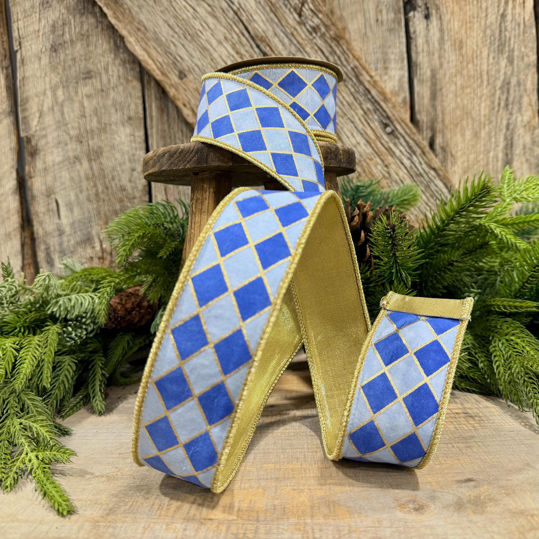 1.5" French Blue Harlequin Ribbon, Wired Ribbon, Designer Ribbon, 2 Tone Blue Ribbon, Diamond Ribbon, 94562W-350-09D