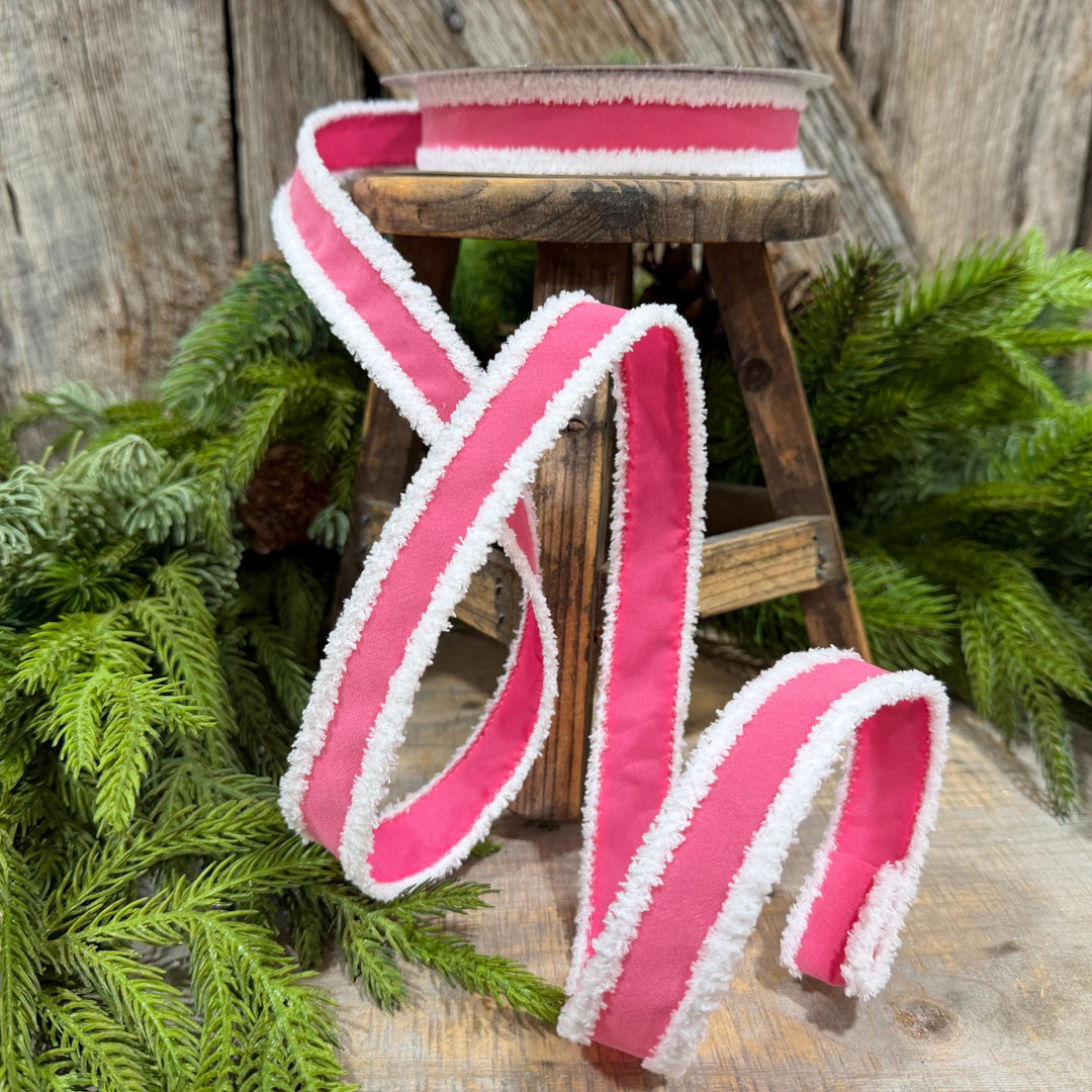 1" Bubblegum Pink Santa Trim Ribbon, Fuzzy Border Ribbon, Santa trim ribbon