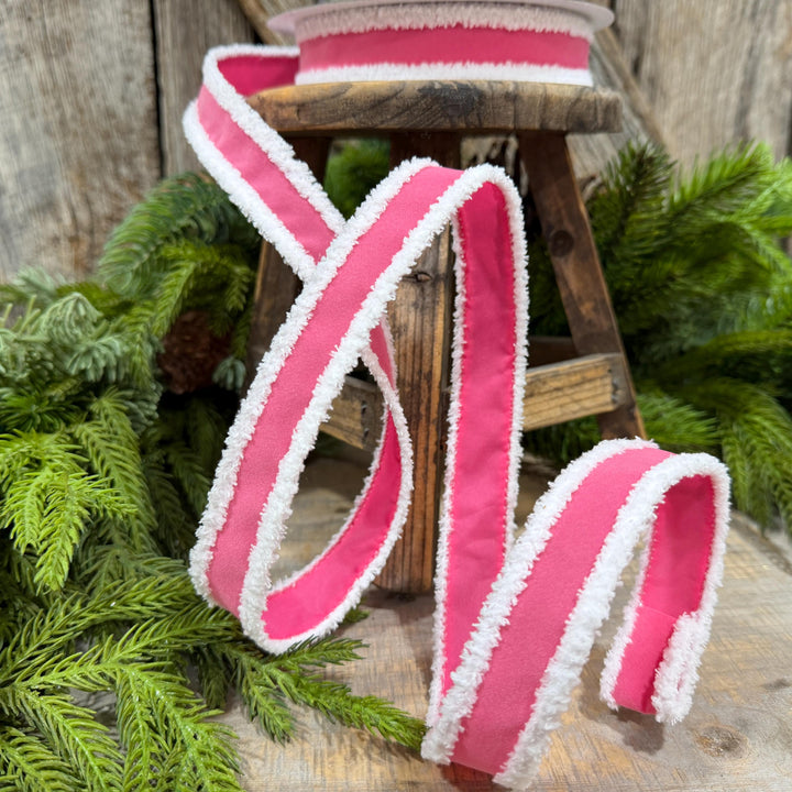 1" Bubblegum Pink Santa Trim Ribbon, Fuzzy Border Ribbon, Santa trim ribbon
