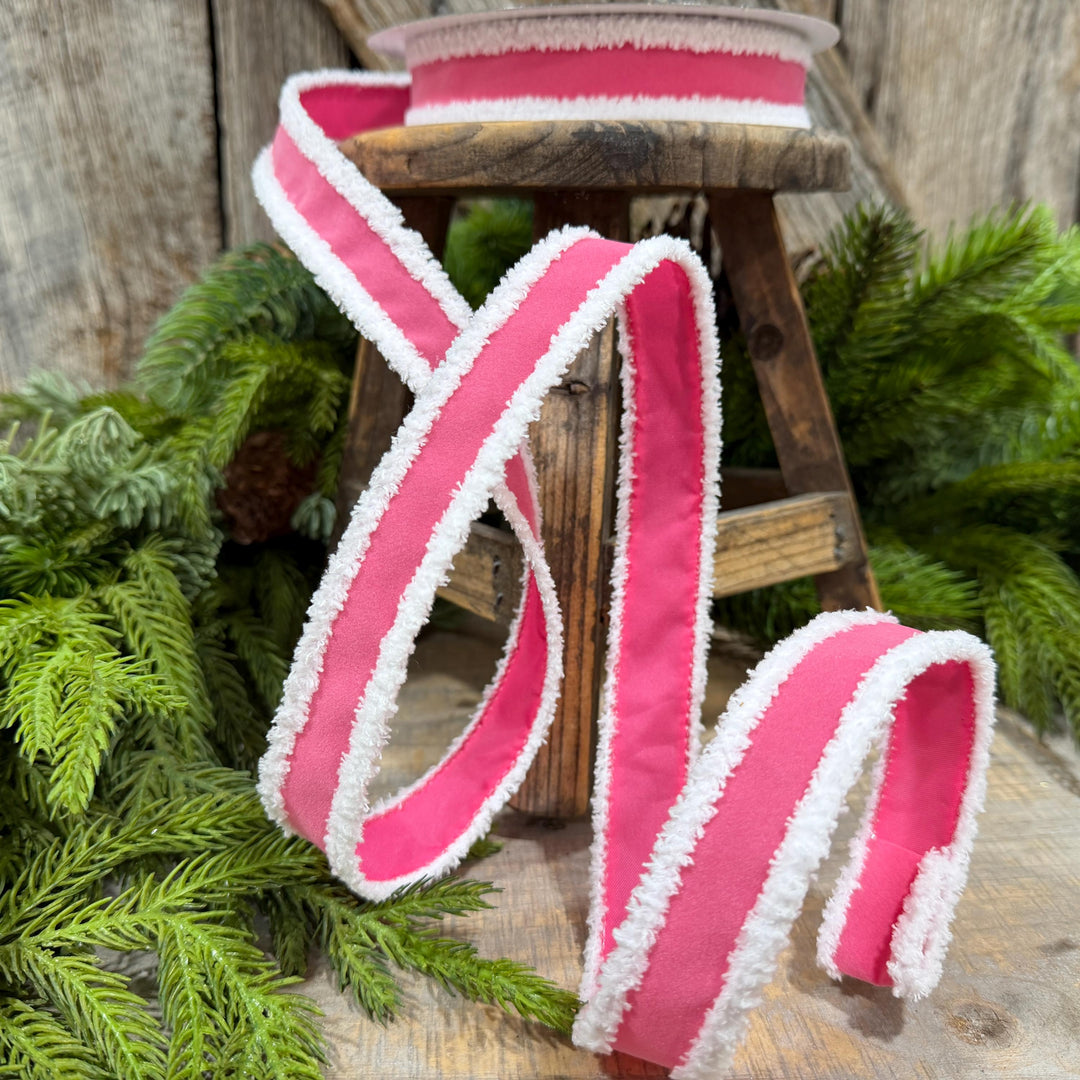 1" Bubblegum Pink Santa Trim Ribbon, Fuzzy Border Ribbon, Santa trim ribbon