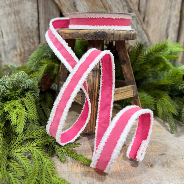 1" Bubblegum Pink Santa Trim Ribbon, Fuzzy Border Ribbon, Santa trim ribbon