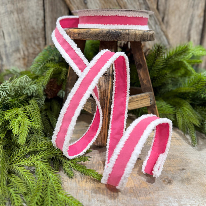1" Bubblegum Pink Santa Trim Ribbon, Fuzzy Border Ribbon, Santa trim ribbon