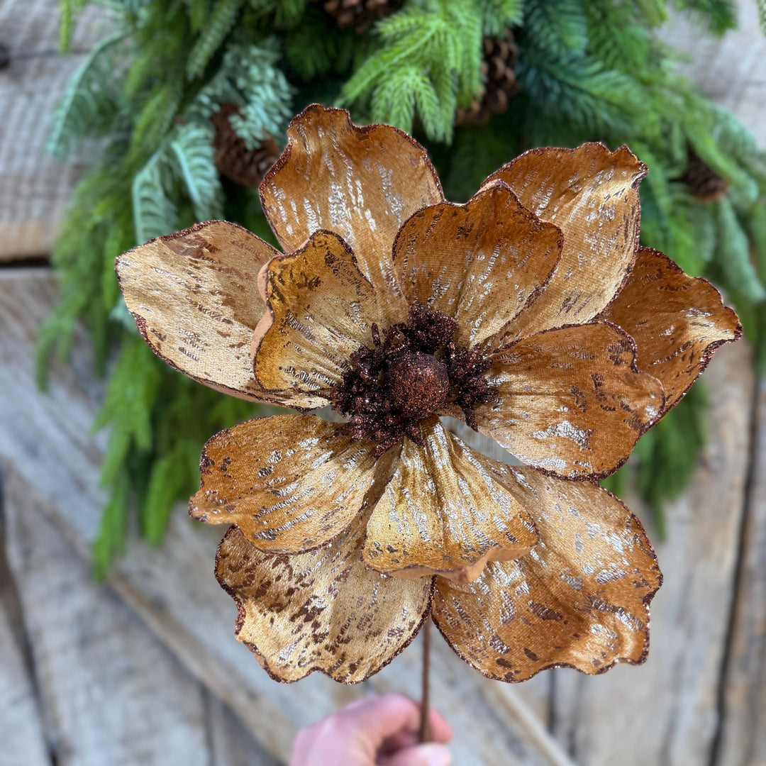 21" Brown Gold Magnolia Stem, Christmas Tree Decor, Rustic Holiday Wreath Supply