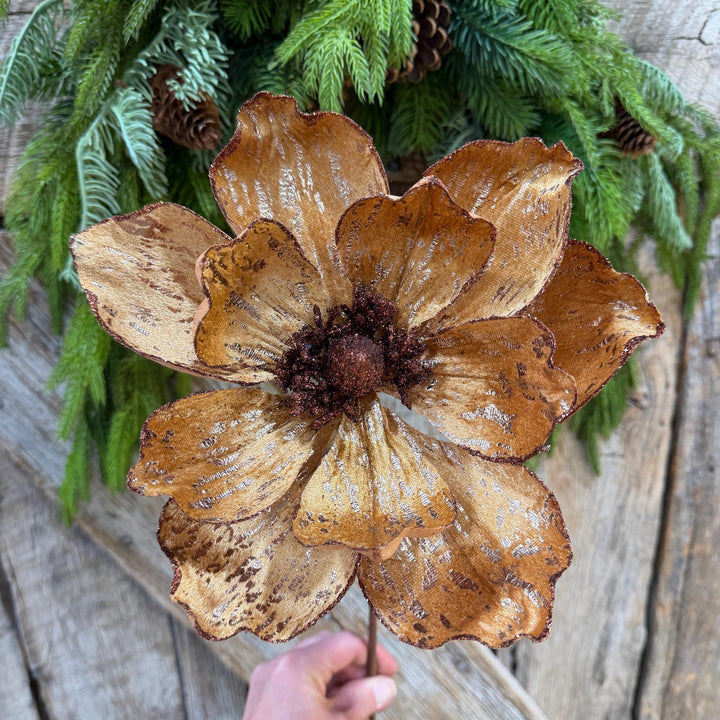21" Brown Gold Magnolia Stem, Christmas Tree Decor, Rustic Holiday Wreath Supply