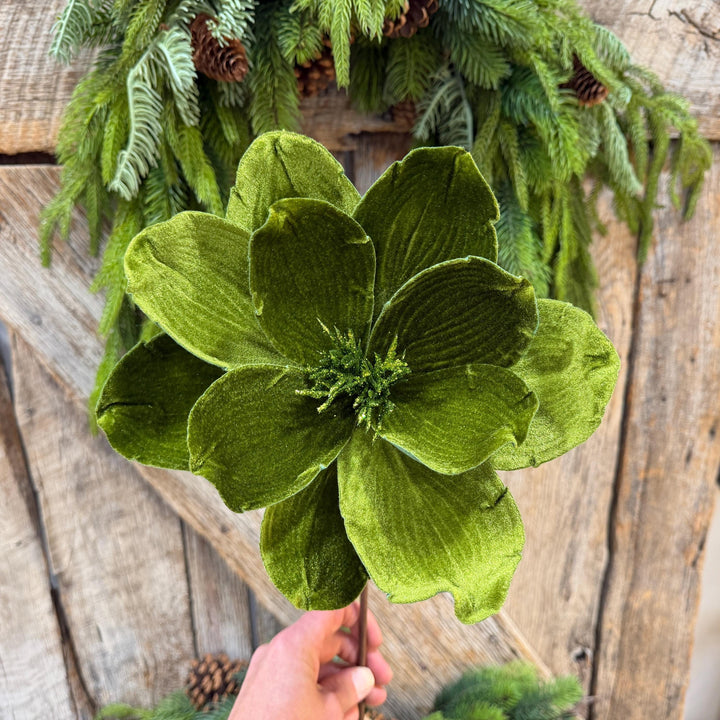 24" Forest Green Velvet Magnolia, Olive Green Magnolia for Christmas