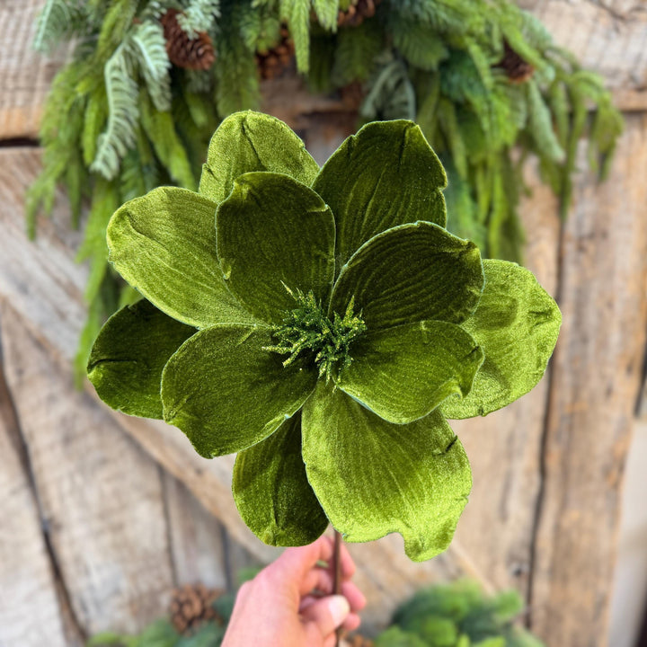 24" Forest Green Velvet Magnolia, Olive Green Magnolia for Christmas