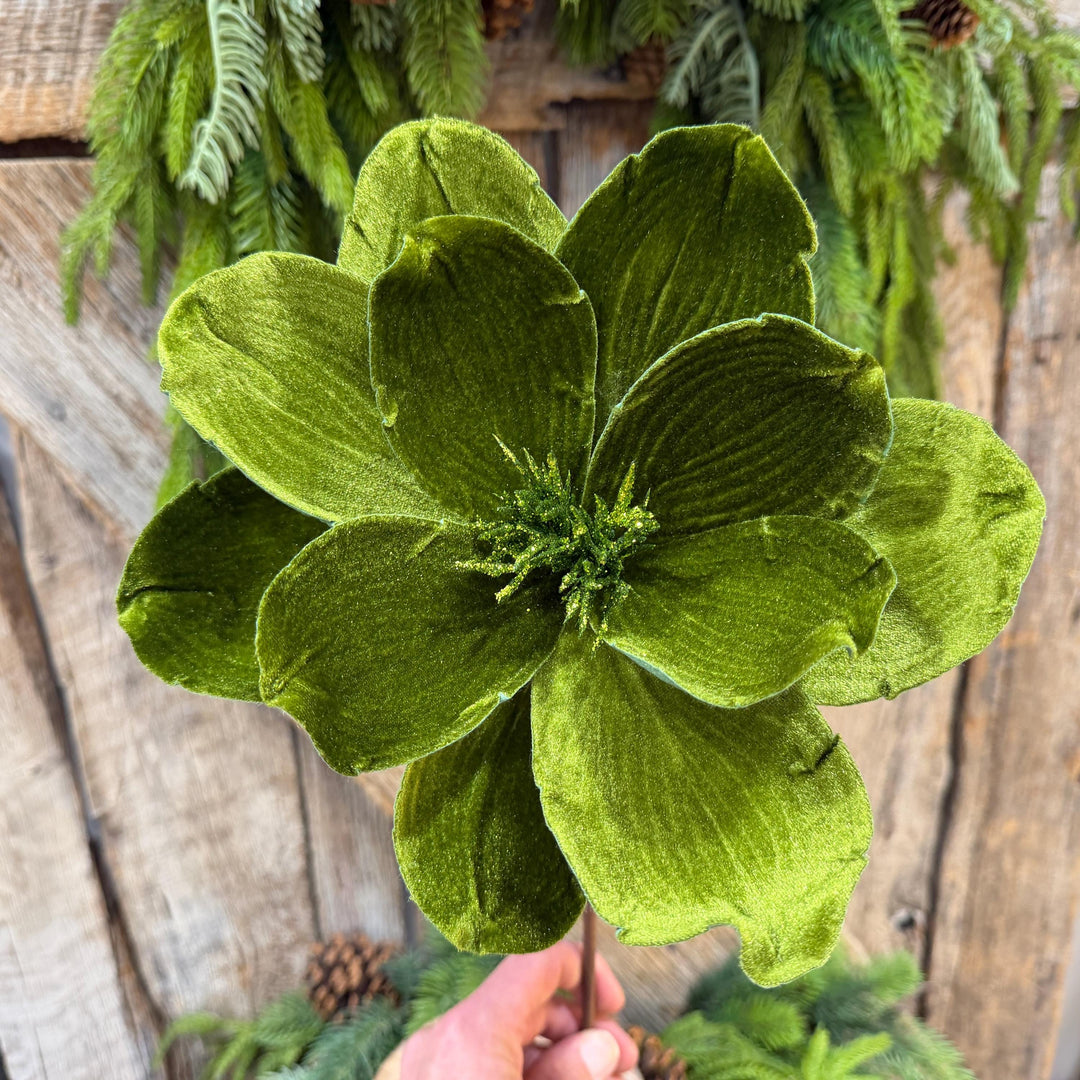 24" Forest Green Velvet Magnolia, Olive Green Magnolia for Christmas